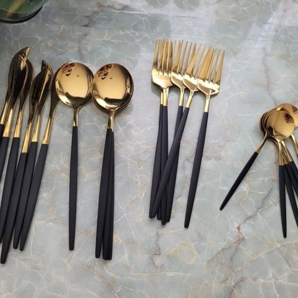 24 Piece Silverware Dinnerware Cutlery Set Black Gold Stainless Steel Elegant - Picture 3 of 12